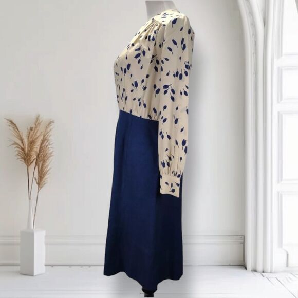 Vintage 70s Secretary Midi Dress Size 8 Blue Tulip Floral Print Long Sleeve - Picture 3 of 12